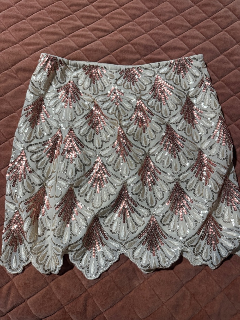 verty White Mini Skirt with Rose Gold Sequin Fans